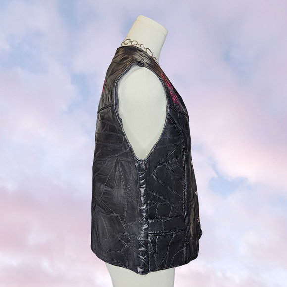 Black Diamond Plate Biker Leather Patchwork Motorcycle Western Red Rose Vest L - Picture 4 of 6